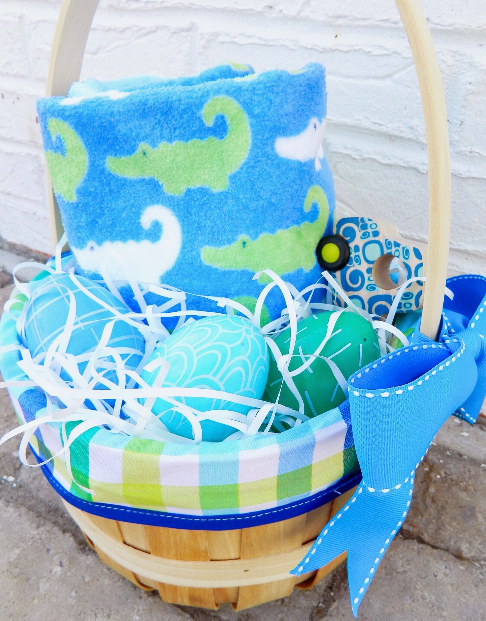 personalized beach towel in preppy print for kids with easter basket