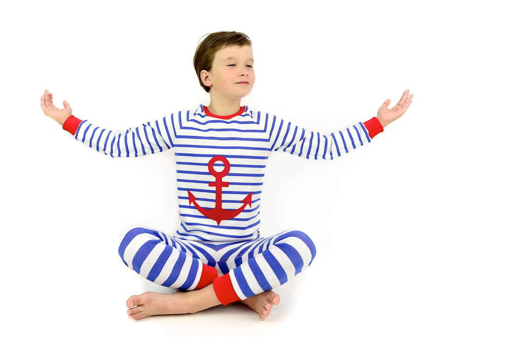 Pyjama für Kinder blau weiß gestreift mit Anker aus Biobaumwolle