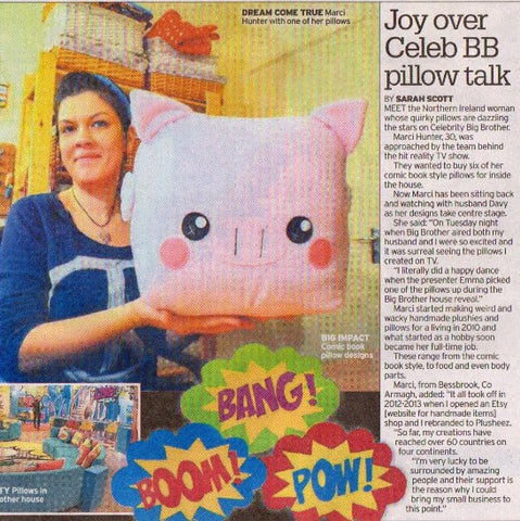 Article in Belfast Telegraph about our pillows being featured in the Celebrity Big Brother House