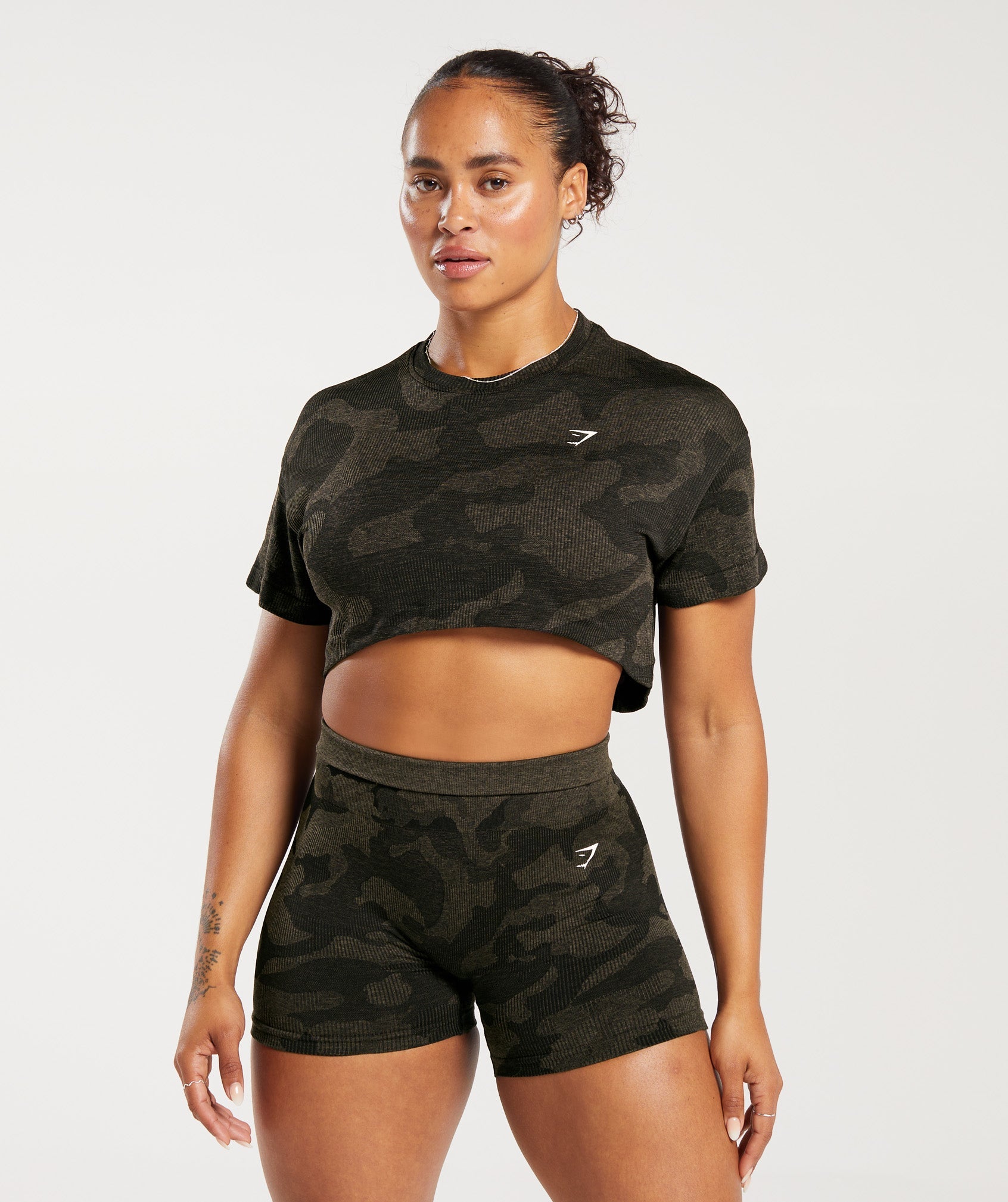 Gymshark Adapt Camo Seamless Lace Up Back Top - Pebble Grey/Soul Brown