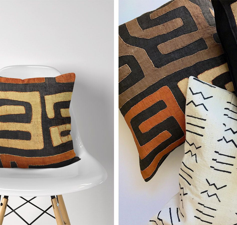 kuba cloth pillows and zebra skin ottoman