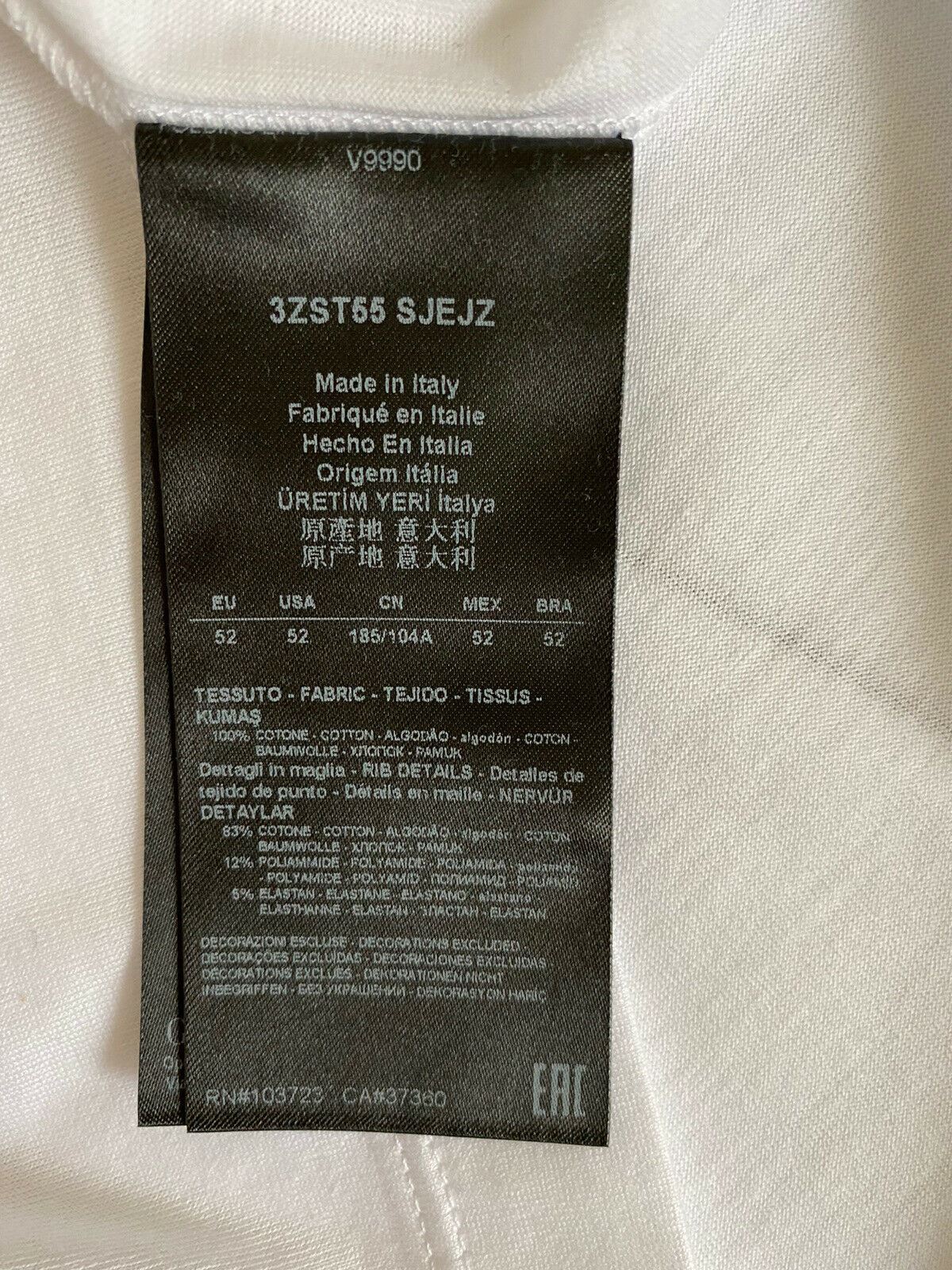 NWT $375 Giorgio Armani White Short Sleeve T-Shirt 52 Euro 3ZST55 Made in Italy
