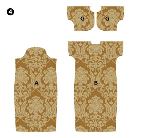 Illustration of Hong Kong Cheongsam fabric pieces Front A, Back B  and Upper Front G cut out.