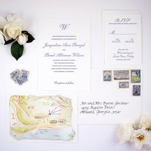 Wedding invitation and map in Santa Barbara
