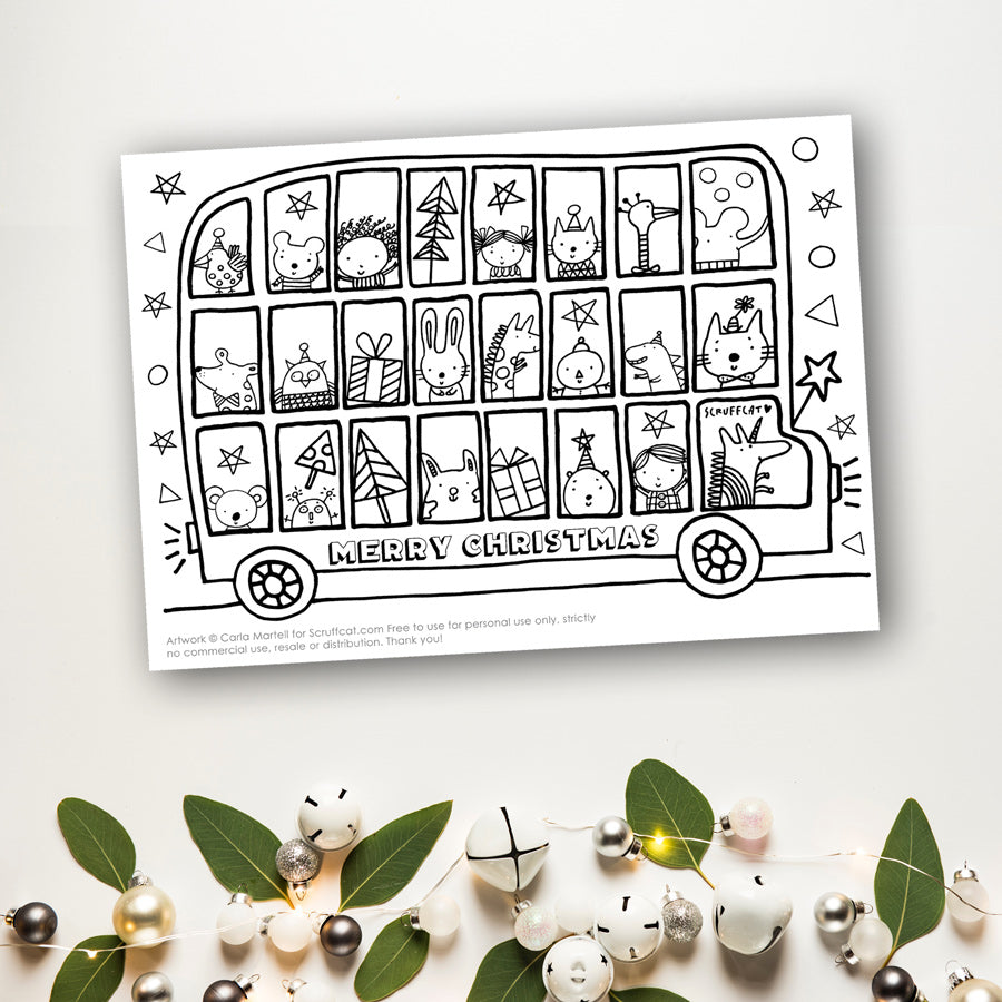 Xmas Bus Colouring Page for Kids | Scruffcat