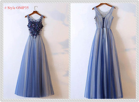 A Line Scoop Neck Sleeveless Beading Blue Long Prom Dress 