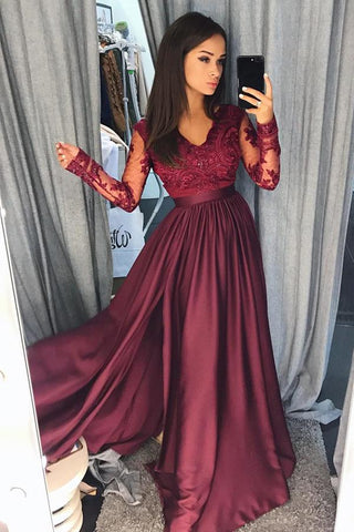 Burgundy A Line Long Sleeve Lace Prom Dress
