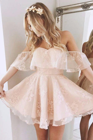 Pearl Pink A-Line Off Shoulder Mid Back Lace Homecoming Dress