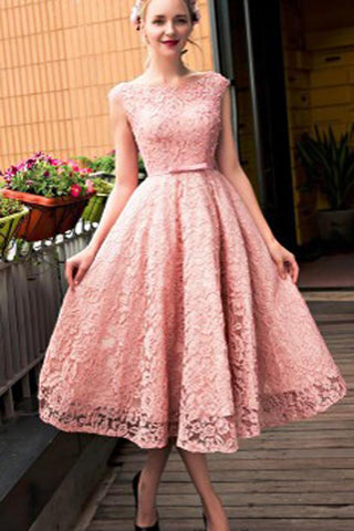 Tea-length Pink Lace Homecoming Dress