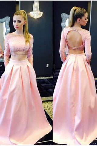 Pink Two Piece Long Sleeve Long Prom Dress