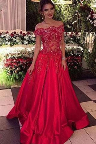 red off-shoulder long prom dress