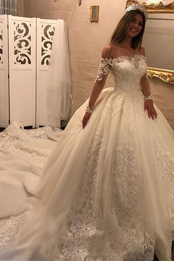 long sleeve lace wedding dress long train