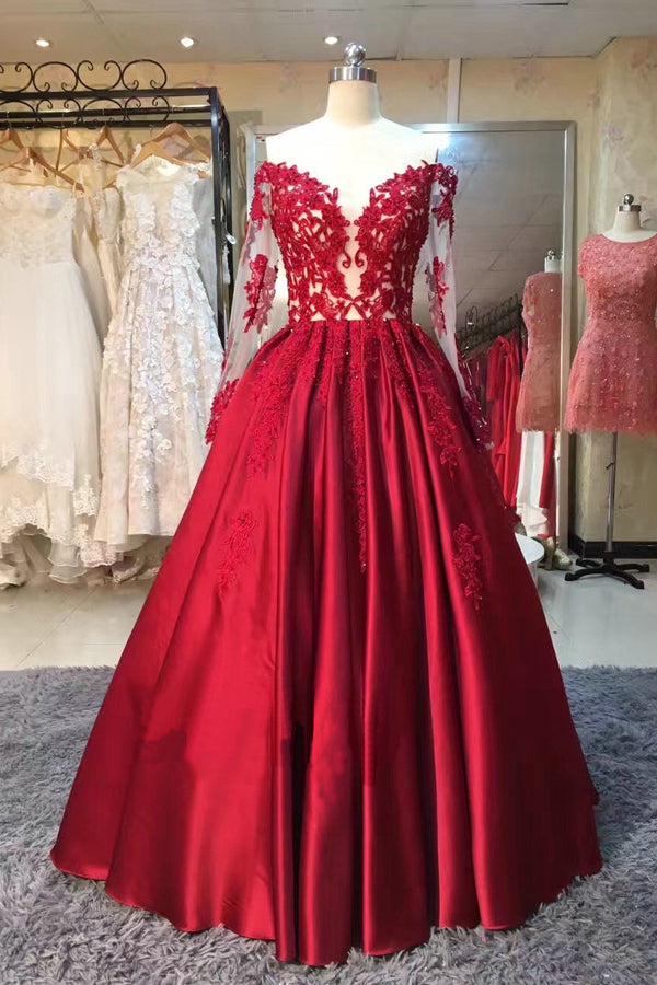 red ball gown long sleeve