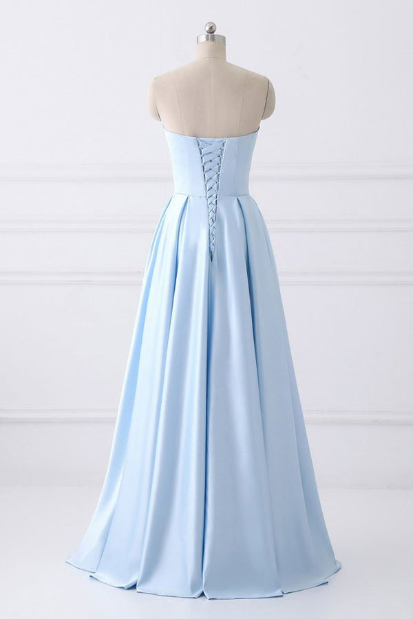 strapless light blue prom dress