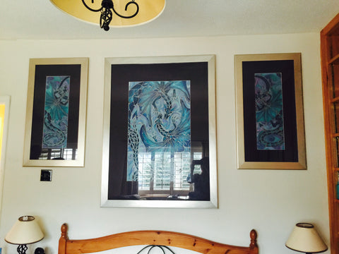 Set of  Blue Dragon Paintings at home in Guildford large piece purchsed at a show in Surrey, the two smaller pieces Commissioned to match for dramatic effect