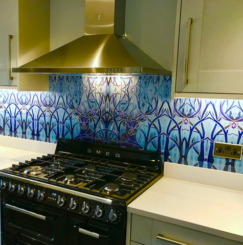 Blue Stag Splashback especially designed repeat to fit full width of wall for a couple in Rotherfield