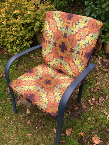 bespoke garden seat pads and back rests in shower proof fabric