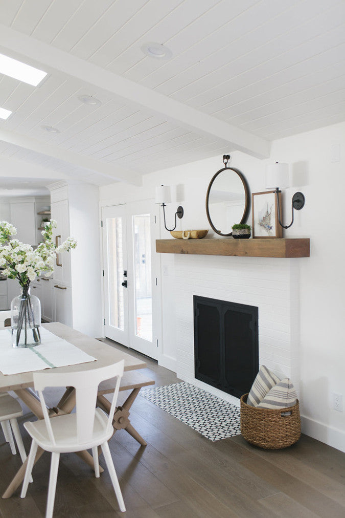 Rustic Wood Mantel with Round Mirror