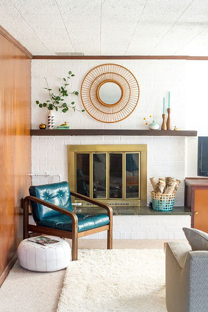 White Brick Fireplace With Mid Century Modern Mantel Styling