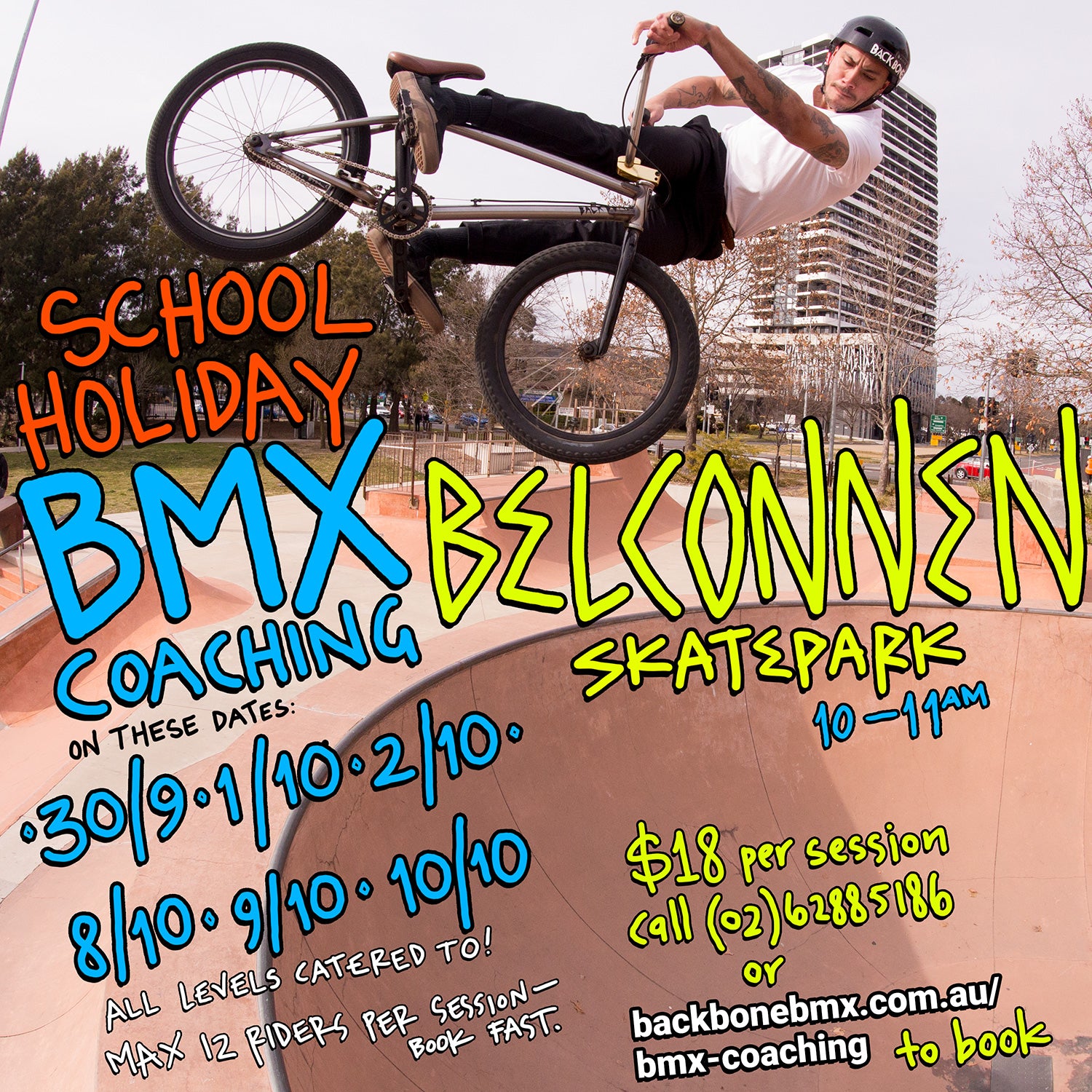 canberra school holidays activities bmx coaching flyer