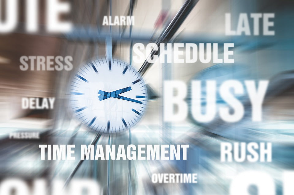 A clock and buzzwords related to time management.