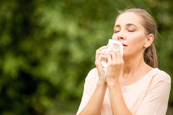 Frau mit Taschentuch leidet unter Pollenallergie