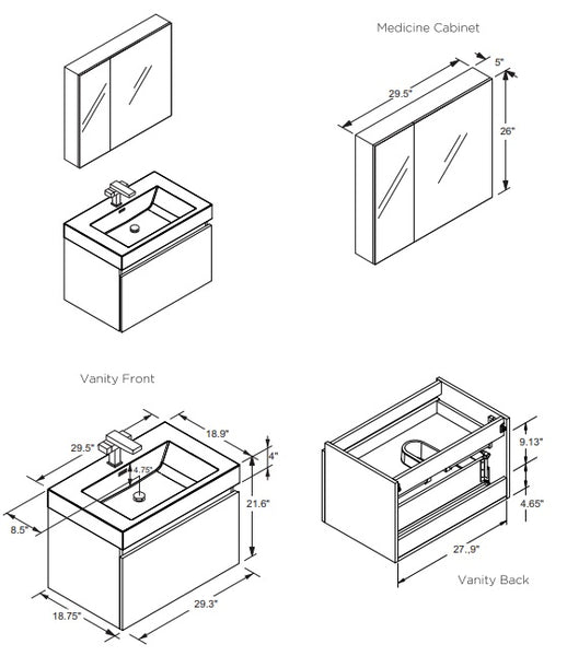 Fresca Mezzo 30" Modern Bathroom Vanity technical drawing