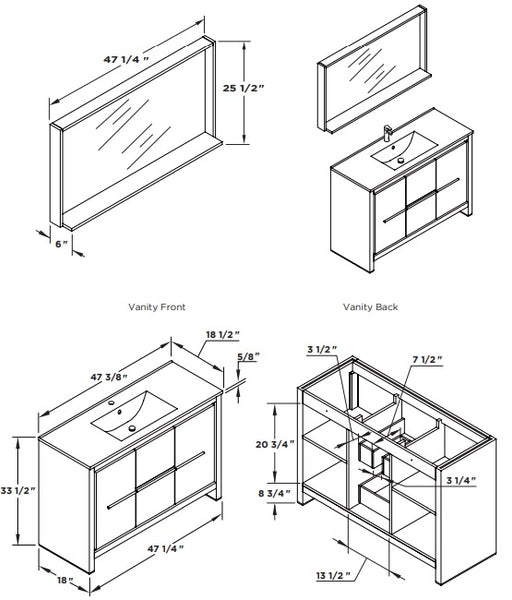 FVN8148WH - Fresca Allier 48" White Modern Bathroom Vanity w/ Mirror