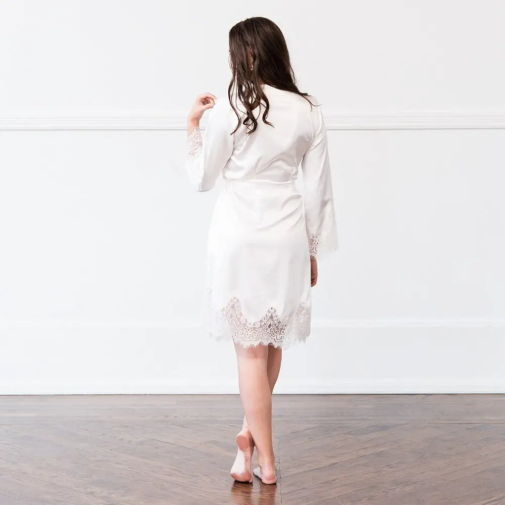 Silky & Lace Trim Bridal Wedding Robe - White