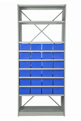 Front View of VISIPLAS BS245 Steel Shelving Kit with 10 Shelves and 24 x AT43 Parts Trays