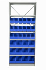 Front View of VISIPLAS BS283 Steel Shelving Kit with 8 Shelves, 18xAP42 and 12xAP43 Picking Bins