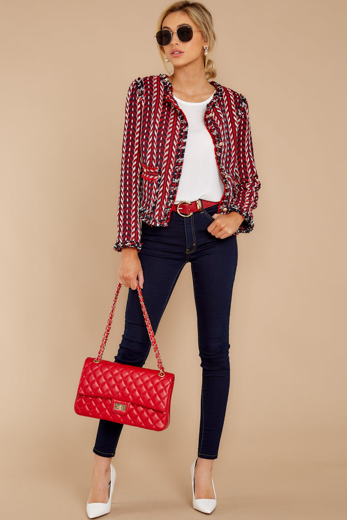 red dress with white blazer