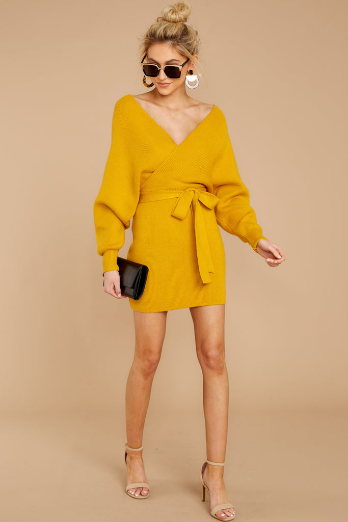 Trendy Yellow Knit Sweater Dress 