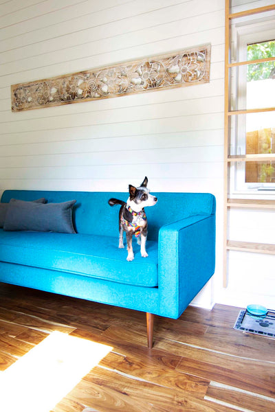 Pet friendly, durable and easy to clean Redhills fabric covers the custom couch.
