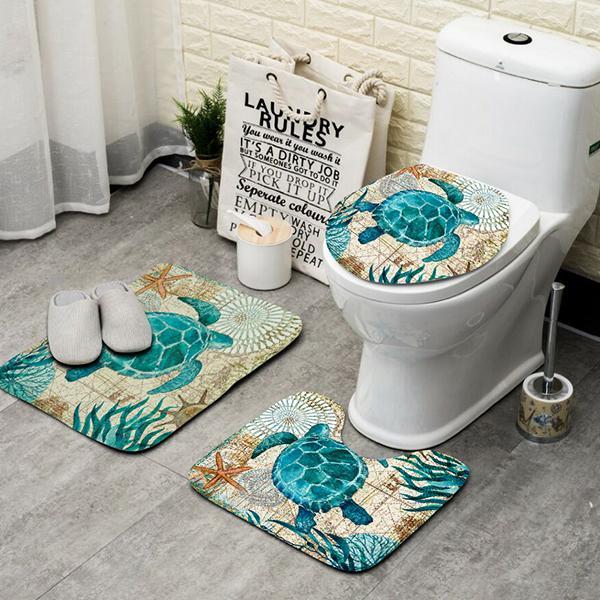 Bathroom Set Toilet Seat Cover Sea Blue Marine Turtle Whale Seahorse Octopus 3pc 