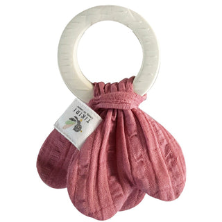 Tikiri Toys Organic Natural Rubber Teething Ring - With Dusty Rose Muslin Tie