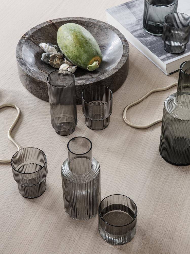 Ferm Living - Hand Blown Ripple Glasses Smoked Grey (Set of 4) - Scandibørn