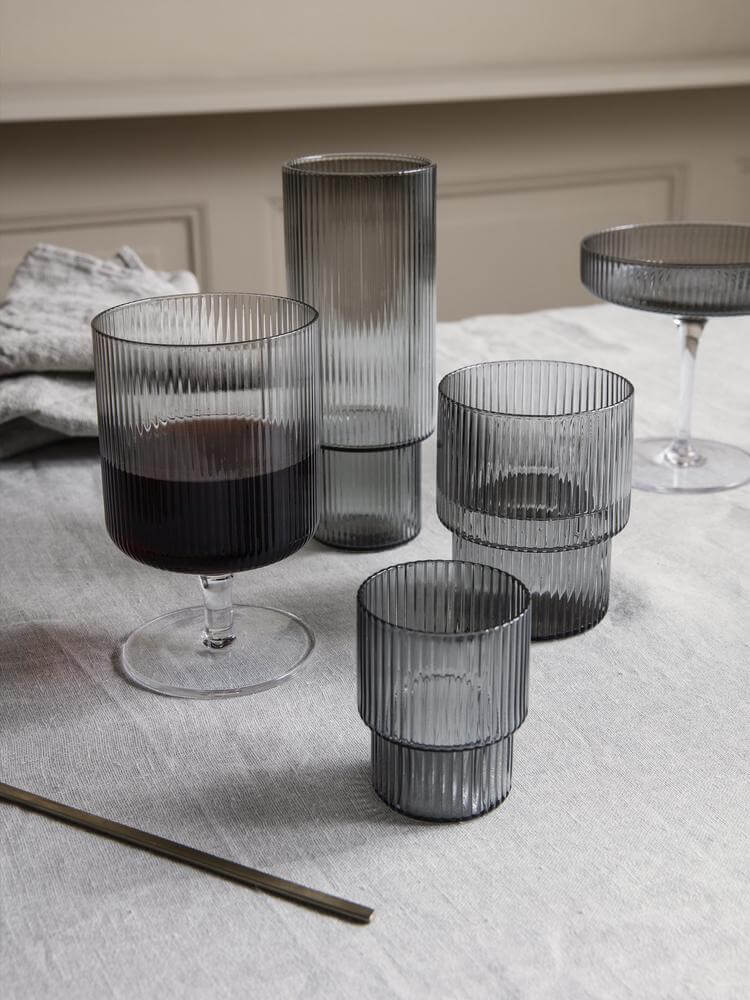 Ferm Living - Hand Blown Ripple Glasses Smoked Grey (Set of 4) - Scandibørn