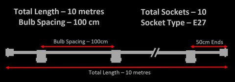 Flat Rubber Festoon String - 10 metres - 10sockets - 100cm spacing 