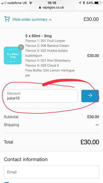 Applying eliquid discount codes - Step 3 (mobile)