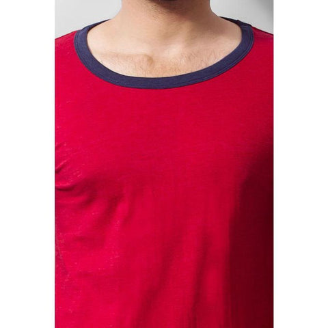 The Ajmery - T-shirt with Blue Round Deep Neck Collar - Red