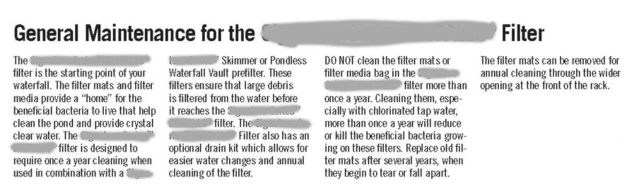 Actual manufacturer's "How to Clean the Filter" instuctions - They're making our point of the the truth about annually cleaned waterfall filters