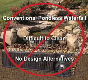 Conventional pondless waterfall and pool systems are more difficult to install and virtually impossible to clean.