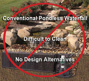 Conventional pondless waterfall and stream systems are hard to clean so they grow excessive algae.