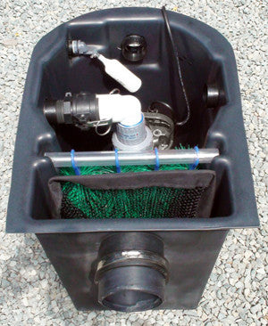 Seagull HydroClean small pond skimmer with pump using the left outlet port and auto fill valve installed