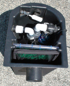 Seagull HydroClean pond skimmer with pumps using both the left and right outlet ports and an auto fill valve installed