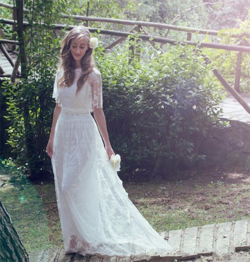 2016 Lace Bohemian Romantic Style Wedding Dresses Short Sleeve Boho