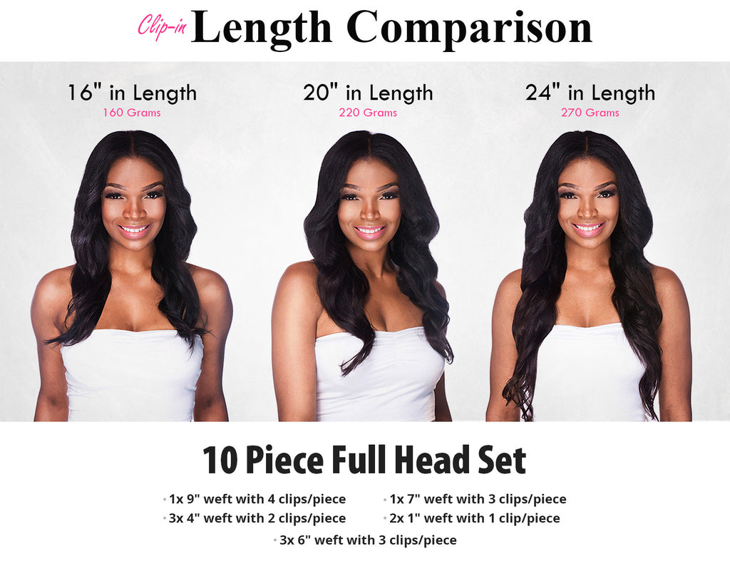 ExtenCity Hair premium 10 Piece Clip-ins come in 3 most popular lengths: 16" (160g) 20" (220g) 24" (270g)