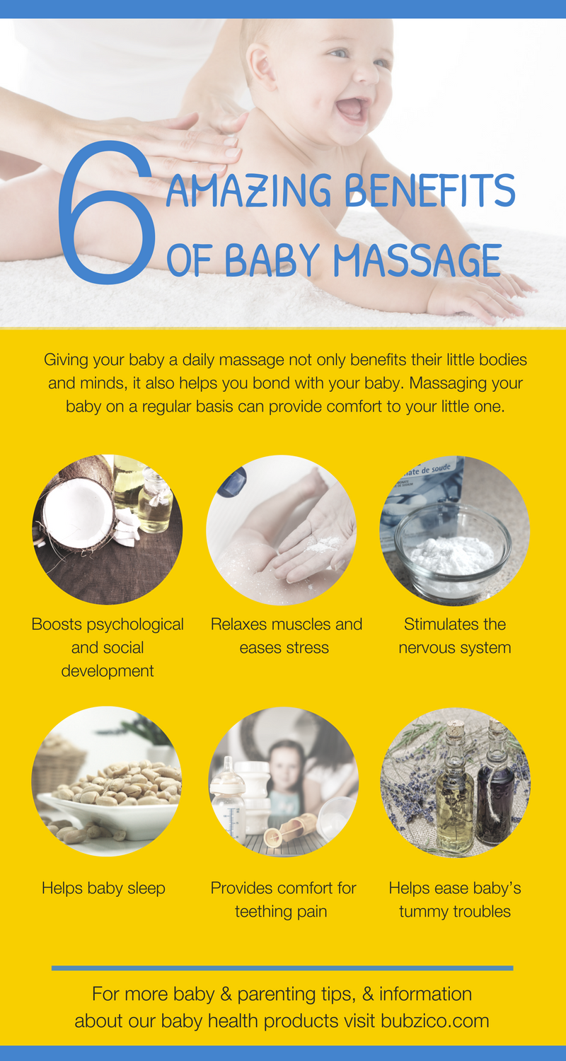 Infant massage is the perfect way to interact and bond with your baby. There are countless benefits of newborn baby massage from soothing a teething baby to easing symptoms of colic and gas. Click to discover the amazing benefits of baby massage and simple techniques to get you started. | The Top 6 Benefits of #BabyMassage for Infants from #BubziCo blog. #BabyHealth Care #BabyTips #NewbornCare #NewMomAdvice #NewMommy #NewMomAdvice #NewMommyTips #Newborn