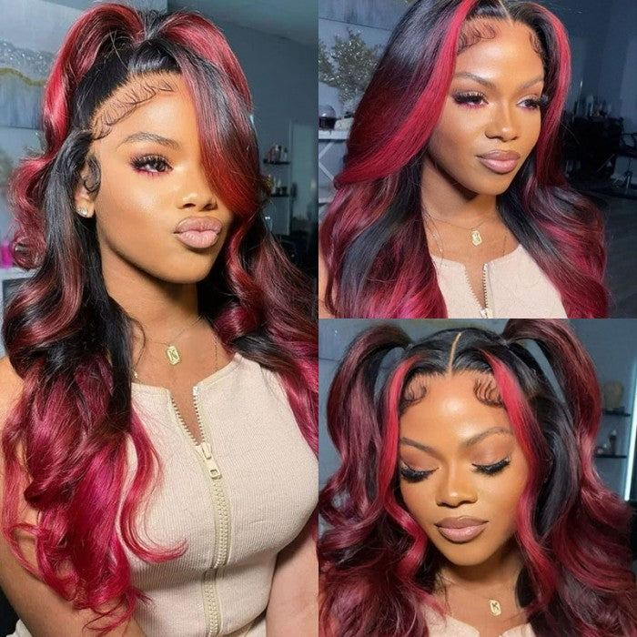Sunber Dark Burgundy With Rose Red Highlights Loose Wave 13x4 Lace Fro